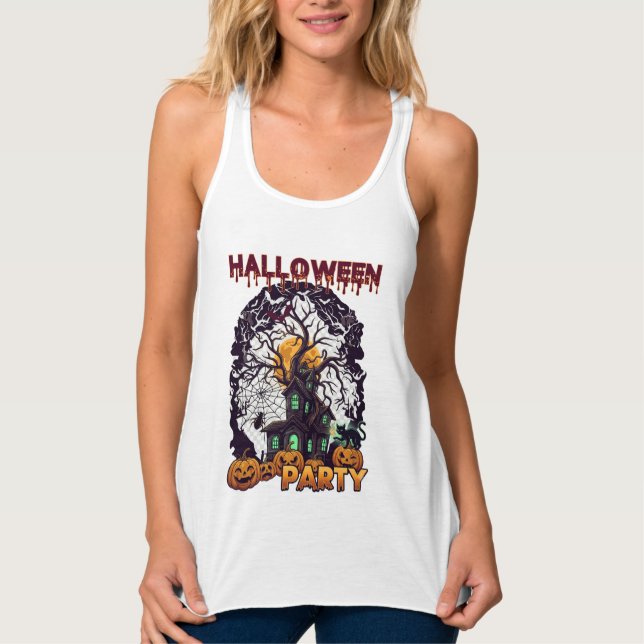 Halloween Party Haunted House Tree Pumpkins Black  Singlet (Front)