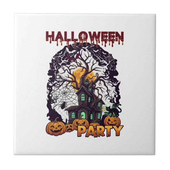 Halloween Party Haunted House Tree Pumpkins Black  Tile (Front)