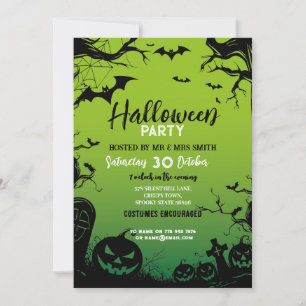 Halloween Party Haunted Woods Bats Green Invitation