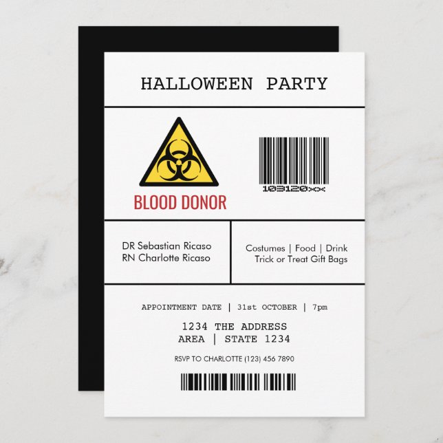 Halloween Party Hazardous Blood Donor Invitation (Front/Back)
