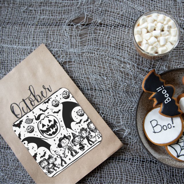 Halloween party in black and white square sticker (Creator Uploaded)