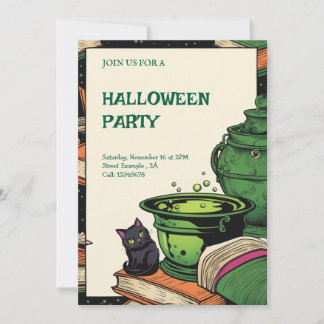 Halloween Party Invitation Caldeirão and Black Cat