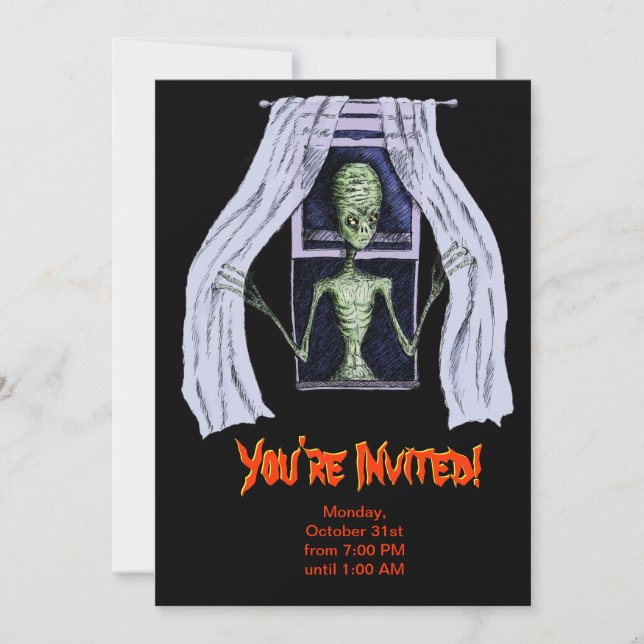 Halloween Party Invitation - Creepy Window Alien (Front)