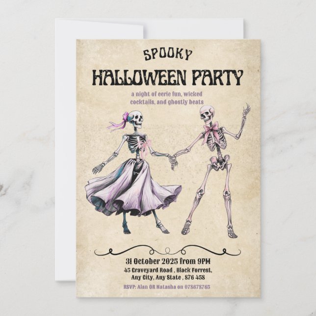 Halloween Party Invitation – Dancing Skeletons (Front)
