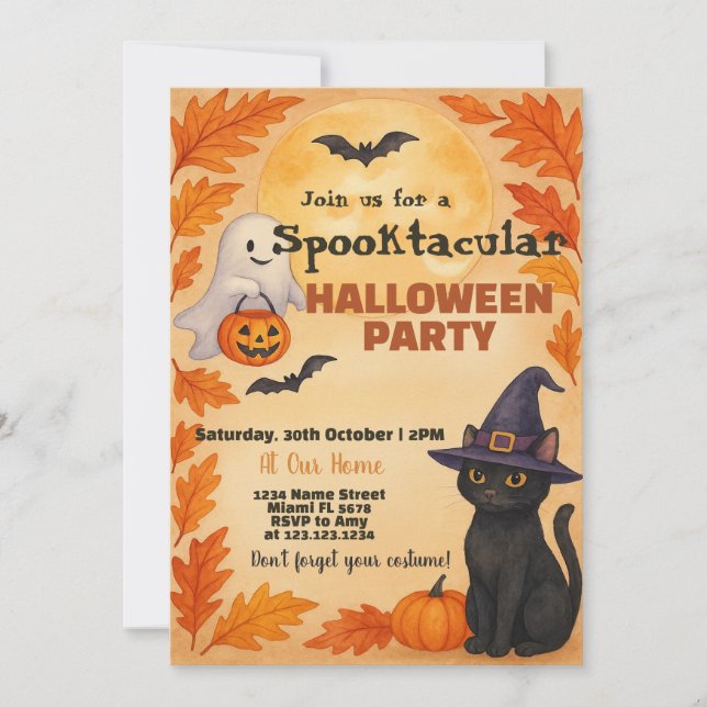 Halloween Party Invitation | Flying Bats Full Moon (Front)