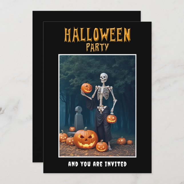 Halloween Party invitation Skeleton among Pumpkins (Front/Back)