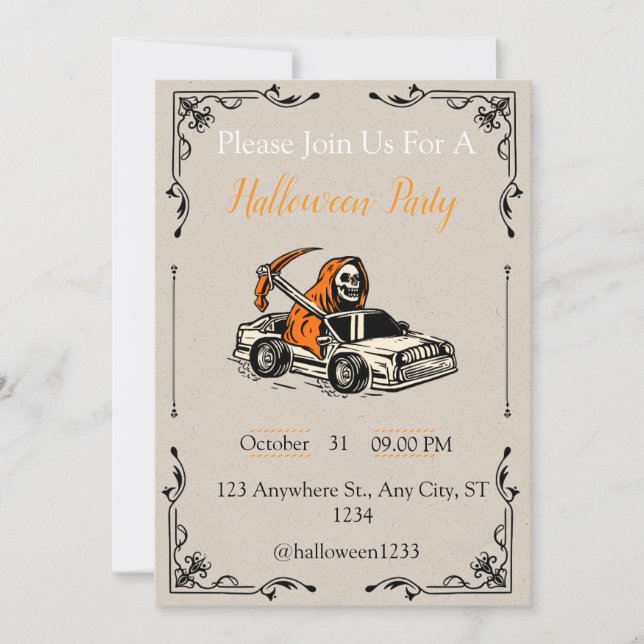 Halloween Party Invitation – Skeleton Driving Car" (Front)