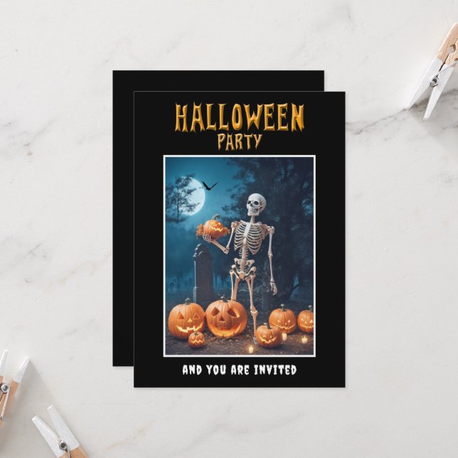 Halloween Party invitation Skeleton holds Pumpkin (Front/Back In Situ)
