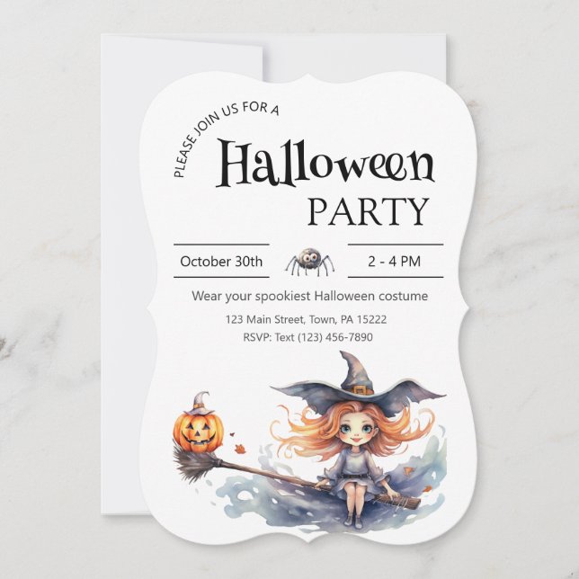 Halloween Party Invitation - Witch On A Broomstick (Front)