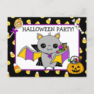 Halloween Party Invitation with Bat Holding Candy Postcard