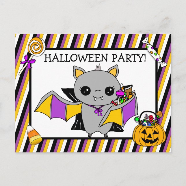 Halloween Party Invitation with Bat Holding Candy Postcard (Front)