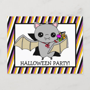 Halloween Party Invitation with Bat Holding Candy Postcard