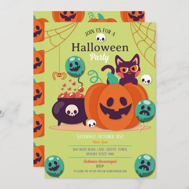 Halloween Party Invite Ghosts Pumpkins Cats Spider (Front/Back)