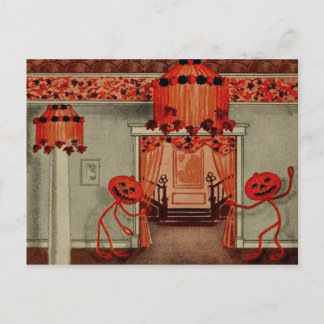 Halloween Party Jack O Lantern Pumpkin Leaves Holiday Postcard