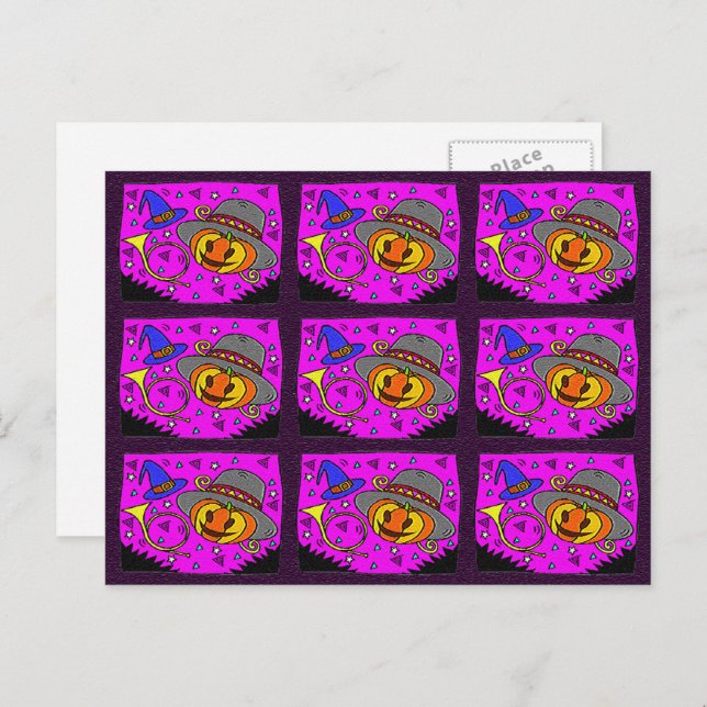 Halloween Party, Jack O'Lantern and Bugle Pattern Invitation Postcard (Front/Back)