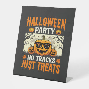 Halloween Party No Tracks Just Treats Pumpkin Pedestal Sign
