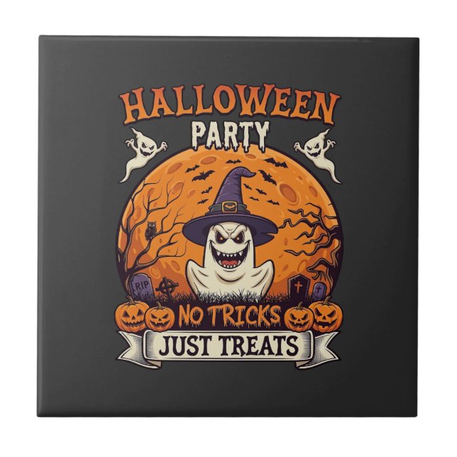 Halloween Party No Tricks Just Treats Ghost Moon P Tile (Front)