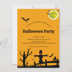 Halloween Party Orange Black Bat  Invitation