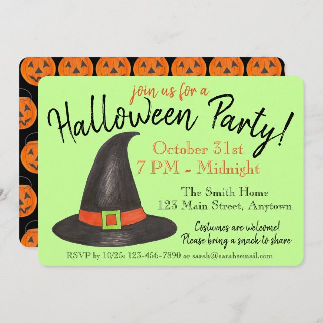 Halloween Party Orange Pumpkin Black Witch Hat Invitation (Front/Back)