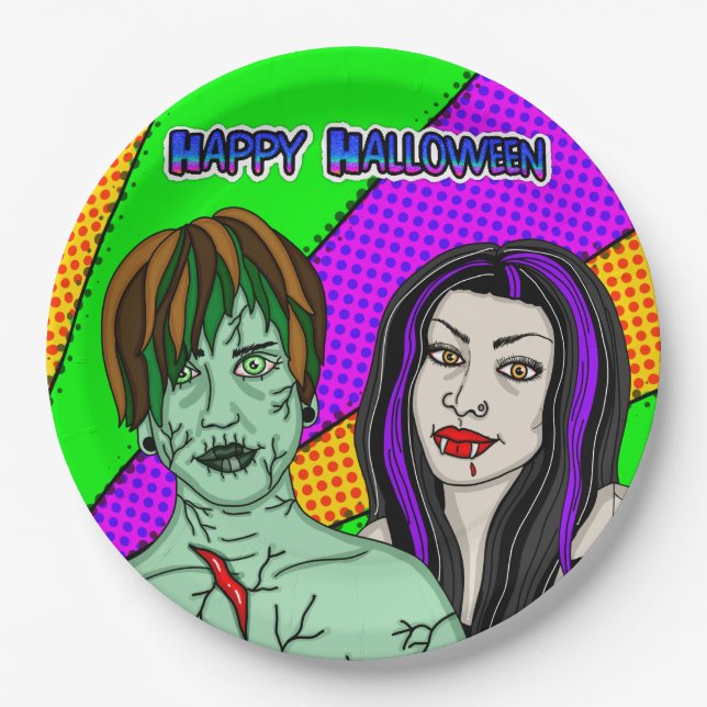 Halloween Party | Pop Art zombie Vampire  Paper Plate (Front)