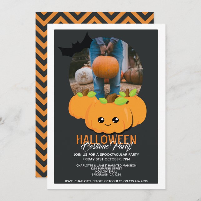Halloween Party Pumpkin And Bat Personalised Invitation (Front/Back)