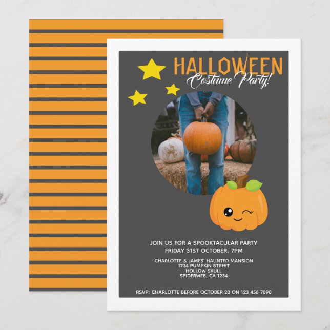 Halloween Party Pumpkin And Stars Personalised Invitation (Front/Back)