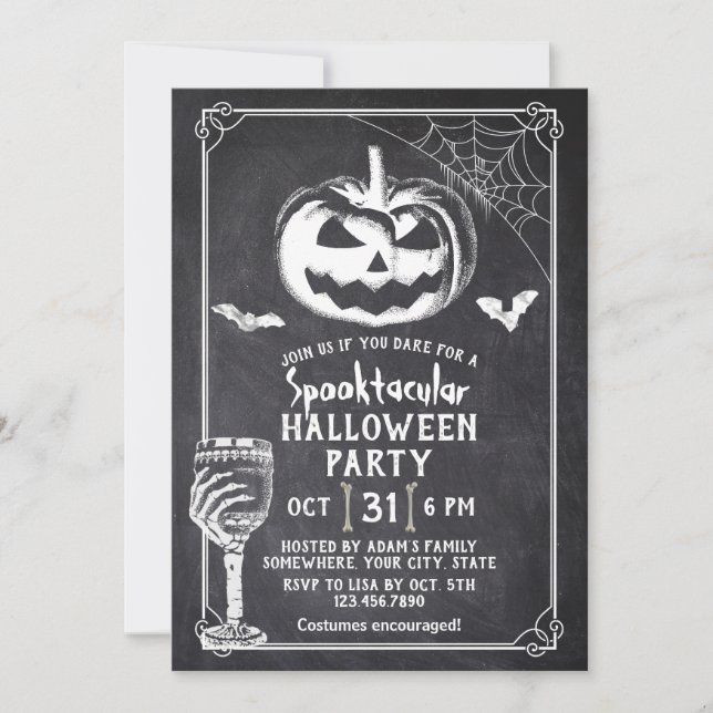 Halloween Party Pumpkin Bat Skull Chalkboard Invitation (Front)
