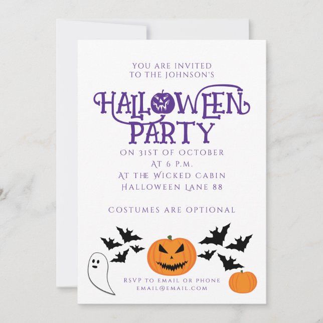 Halloween party pumpkins bats purple text invitation (Front)