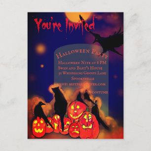 Halloween Party Pumpkins Ravens Cat Full Moon Postcard