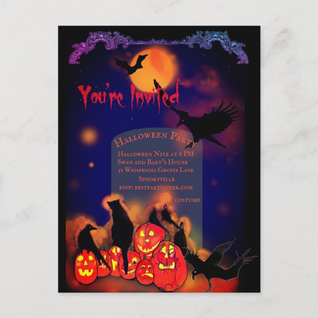 Halloween Party Pumpkins Ravens Cat Full Moon Postcard (Front)