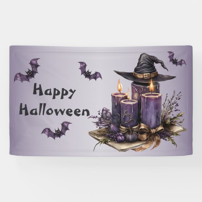 Halloween Party Purple Candles Bats Spooky Scary Banner (Horizontal)