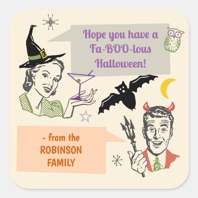 Halloween Party Retro Humour Faboolous Custom Name Square Sticker (Front)