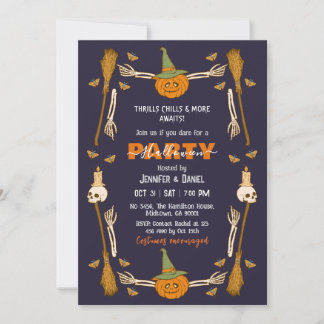 Halloween Party Skeleton Hand Witch Broom Gothic  Invitation