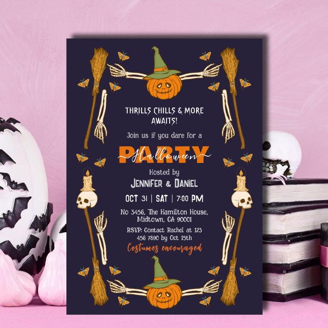 Halloween Party Skeleton Hand Witch Broom Gothic  Invitation (Creator Uploaded)