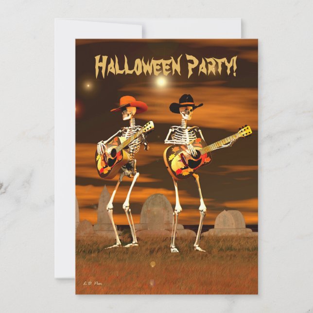 Halloween Party Skeleton Musicians (text on back) Invitation (Front)