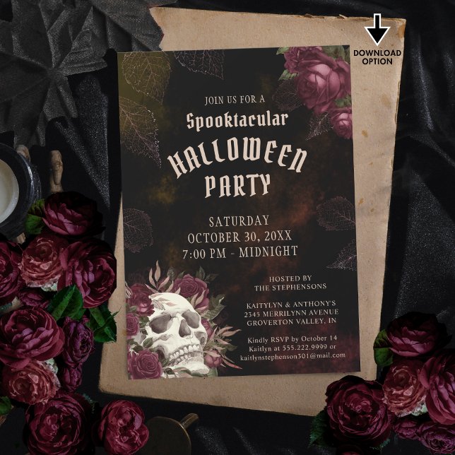 Halloween Party Skull Roses Dark  Invitation (Creator Uploaded)