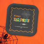Halloween Party Spider Colourful Typography Paper Plate<br><div class="desc">These Halloween Party paper plates offers a fun design featuring bright coloured typography on black. The design is accented with a cute spider and web.</div>
