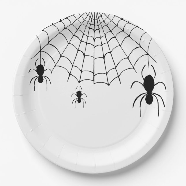 Halloween Party Spiders Black White  Paper Plate (Front)