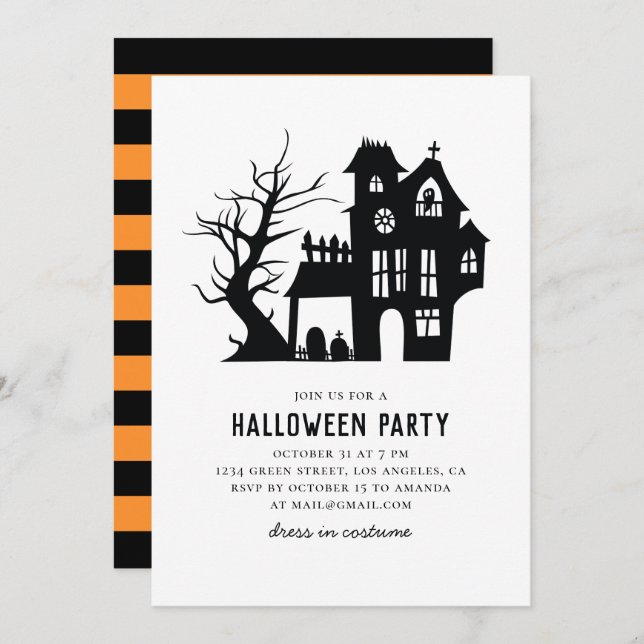Halloween party. Spooky black white haunted house Invitation (Front/Back)