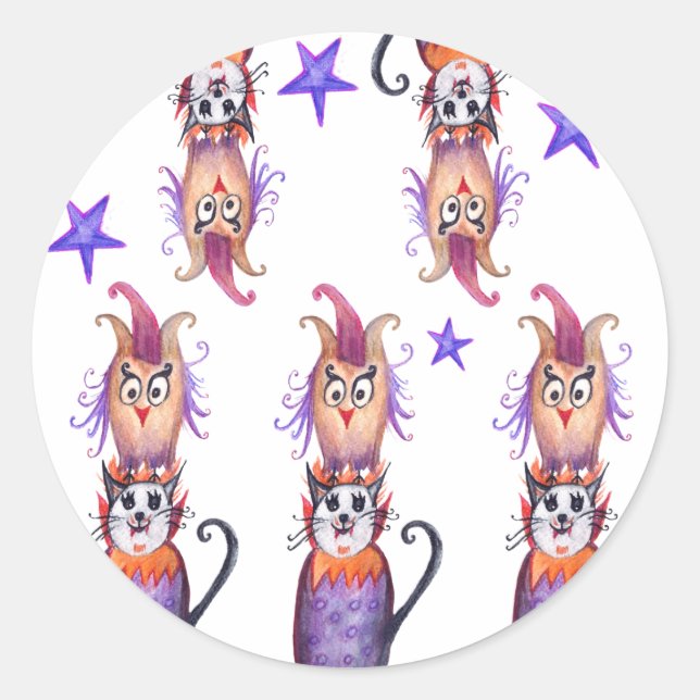 Halloween Party Stciker Cat. Owl Classic Round Sticker (Front)