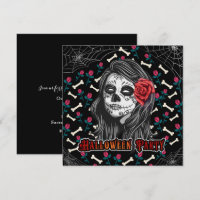 HALLOWEEN PARTY SUGAR SKULL GIRL & RED ROSES