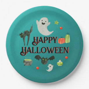 Halloween Party Teal and Green Paper Plate