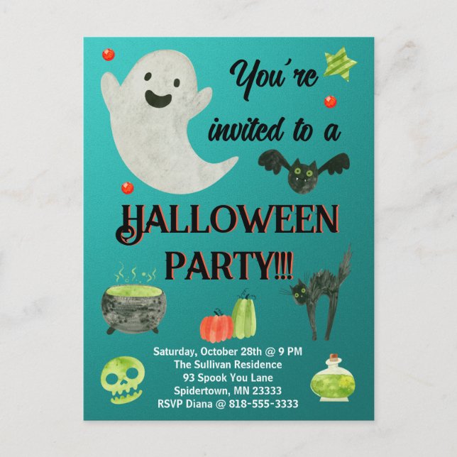 Halloween Party Teal and Green Postcard (Front)