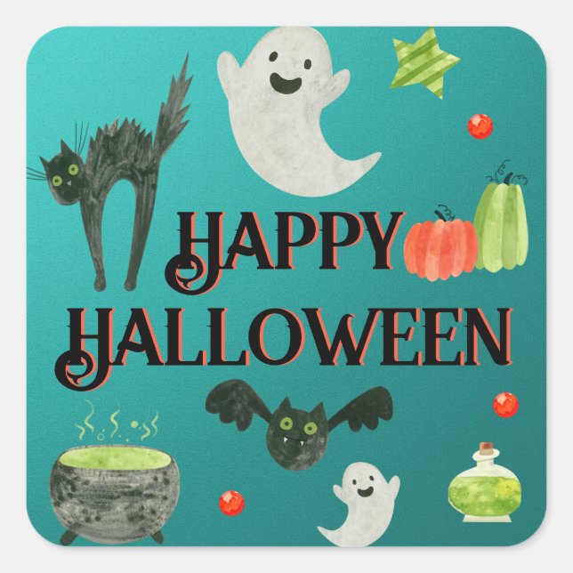 Halloween Party Teal and Green Square Sticker (Front)