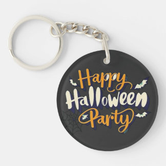 Halloween Party Text with Bats and Spider Web Key Ring