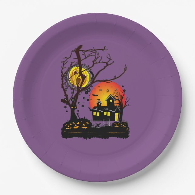 Halloween Party Time in Purple Paper Plate (Front)
