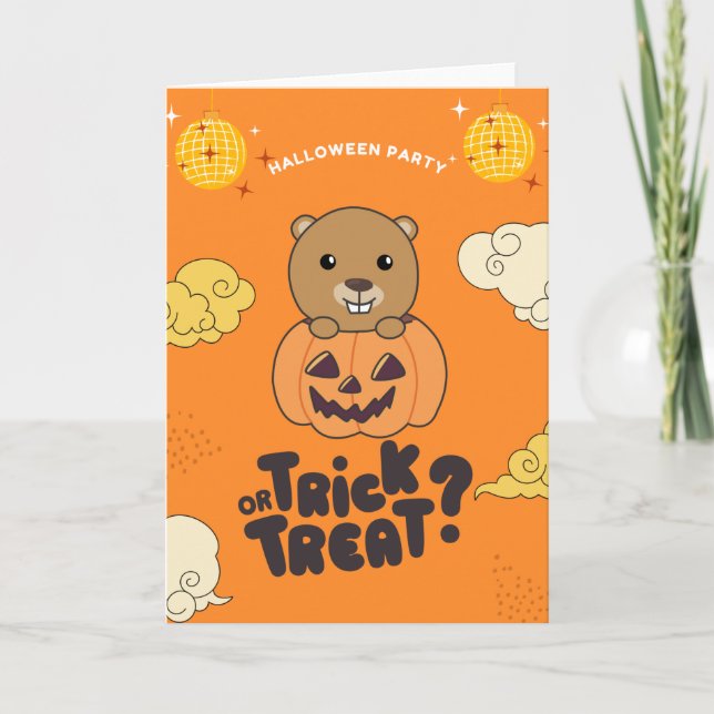 Halloween Party Trick Or Treat Beaver Pumkin Holid Holiday Card (Front)
