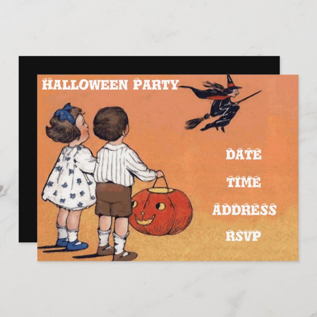 Halloween party vintage children with witch invitation (Front/Back)