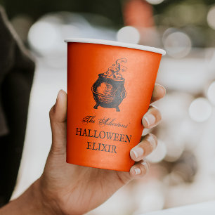 Halloween party witch brew funny orange cauldron paper cups