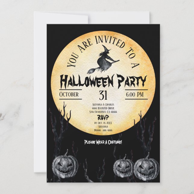 Halloween Party Witch Spooky Pumpkins Black  Invitation (Front)